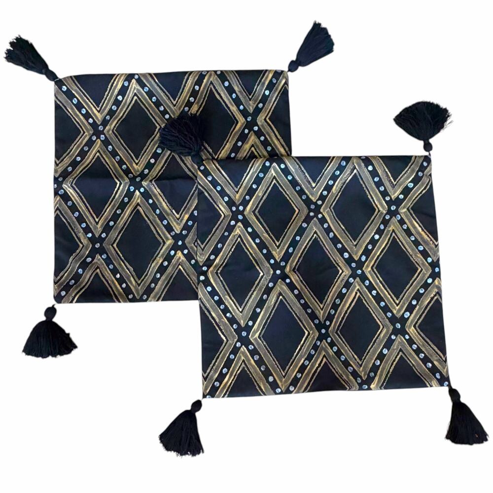 Frontgate Black Gold Geometric Pillow Covers Set 2 Tassel Diamond Regency Boho